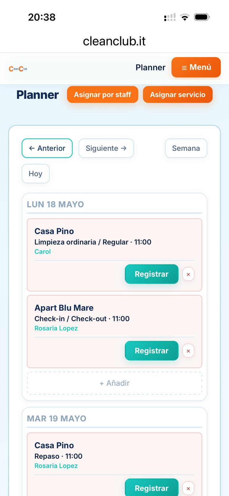 Planner de servicios CleanClub en móvil
